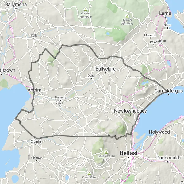 Map miniature of "Carrickfergus Castle and Antrim Castle Loop" cycling inspiration in Northern Ireland, United Kingdom. Generated by Tarmacs.app cycling route planner