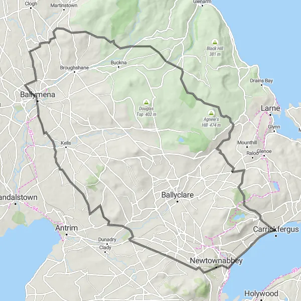 Map miniature of "Carrickfergus Castle and Ballymena Loop" cycling inspiration in Northern Ireland, United Kingdom. Generated by Tarmacs.app cycling route planner