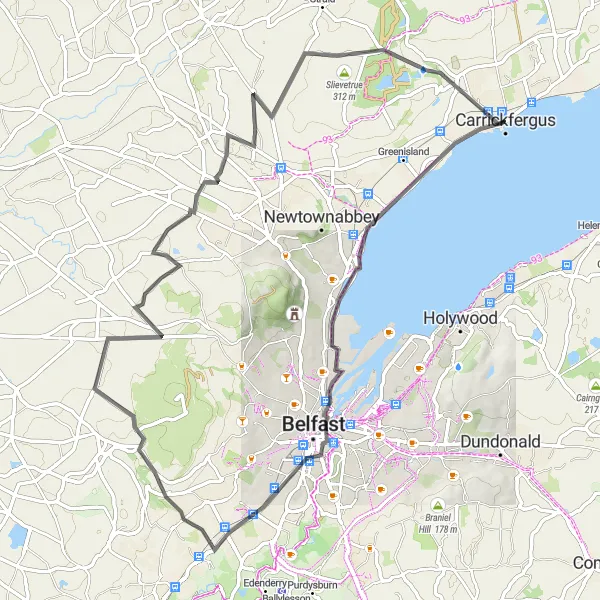 Map miniature of "Carrickfergus Castle and Belfast City Center Loop" cycling inspiration in Northern Ireland, United Kingdom. Generated by Tarmacs.app cycling route planner