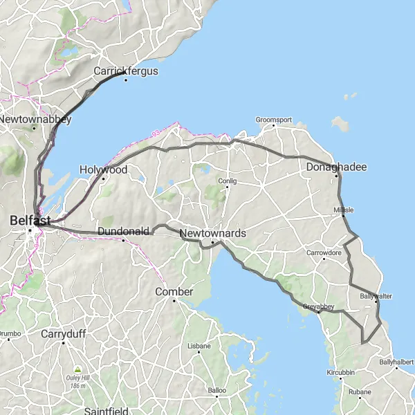 Map miniature of "Coastal Delight: Carrickfergus to Dundonald" cycling inspiration in Northern Ireland, United Kingdom. Generated by Tarmacs.app cycling route planner