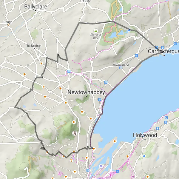 Map miniature of "Carrickfergus Castle and Hyde Park Loop" cycling inspiration in Northern Ireland, United Kingdom. Generated by Tarmacs.app cycling route planner