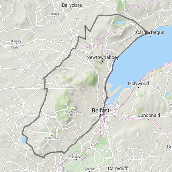 Map miniature of "Carrickfergus Castle and Beyond" cycling inspiration in Northern Ireland, United Kingdom. Generated by Tarmacs.app cycling route planner