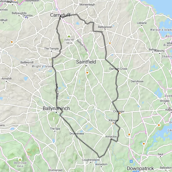 Map miniature of "The Ballygowan Adventure" cycling inspiration in Northern Ireland, United Kingdom. Generated by Tarmacs.app cycling route planner