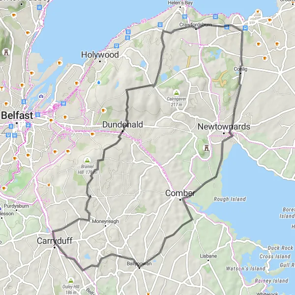 Map miniature of "The Dundonald Loop" cycling inspiration in Northern Ireland, United Kingdom. Generated by Tarmacs.app cycling route planner