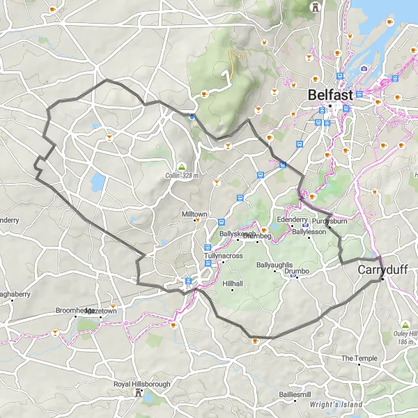 Map miniature of "Carryduff to Balmoral Loop" cycling inspiration in Northern Ireland, United Kingdom. Generated by Tarmacs.app cycling route planner
