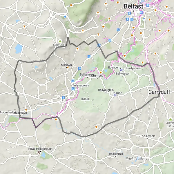 Map miniature of "Carryduff to Knockbracken Exploration" cycling inspiration in Northern Ireland, United Kingdom. Generated by Tarmacs.app cycling route planner