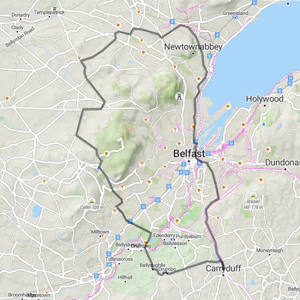 Map miniature of "Carnmoney to Belfast Barge Loop" cycling inspiration in Northern Ireland, United Kingdom. Generated by Tarmacs.app cycling route planner