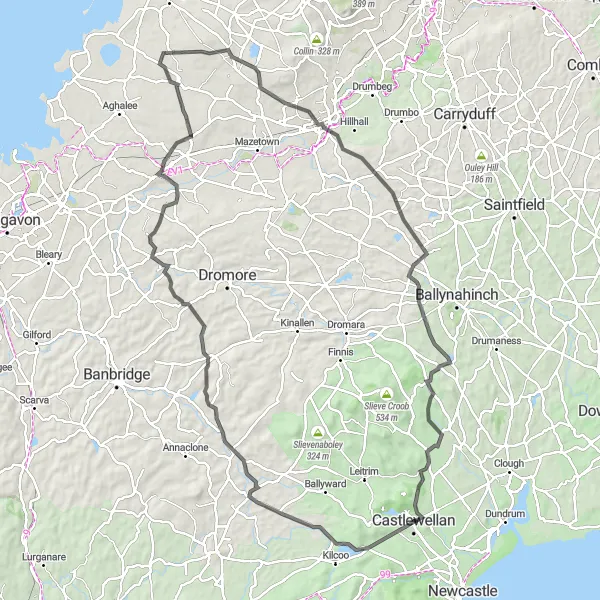 Map miniature of "Castlewellan to Maghaberry Adventure" cycling inspiration in Northern Ireland, United Kingdom. Generated by Tarmacs.app cycling route planner