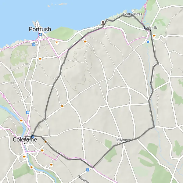 Map miniature of "The Portballintrae Loop" cycling inspiration in Northern Ireland, United Kingdom. Generated by Tarmacs.app cycling route planner