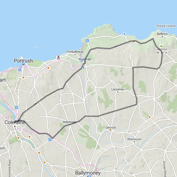 Map miniature of "The Bushmills Loop" cycling inspiration in Northern Ireland, United Kingdom. Generated by Tarmacs.app cycling route planner