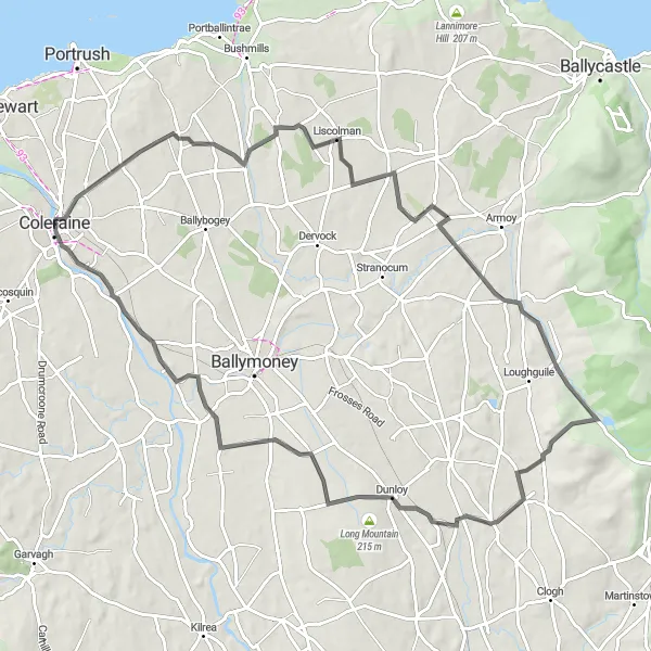 Map miniature of "The Dark Hedges Loop" cycling inspiration in Northern Ireland, United Kingdom. Generated by Tarmacs.app cycling route planner