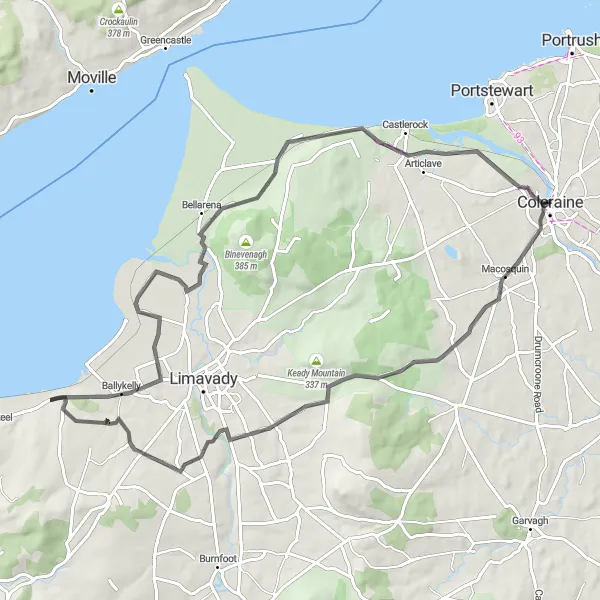 Map miniature of "The Downhill Descent" cycling inspiration in Northern Ireland, United Kingdom. Generated by Tarmacs.app cycling route planner