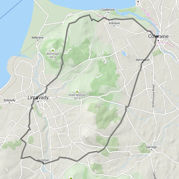 Map miniature of "Hillside Adventure" cycling inspiration in Northern Ireland, United Kingdom. Generated by Tarmacs.app cycling route planner