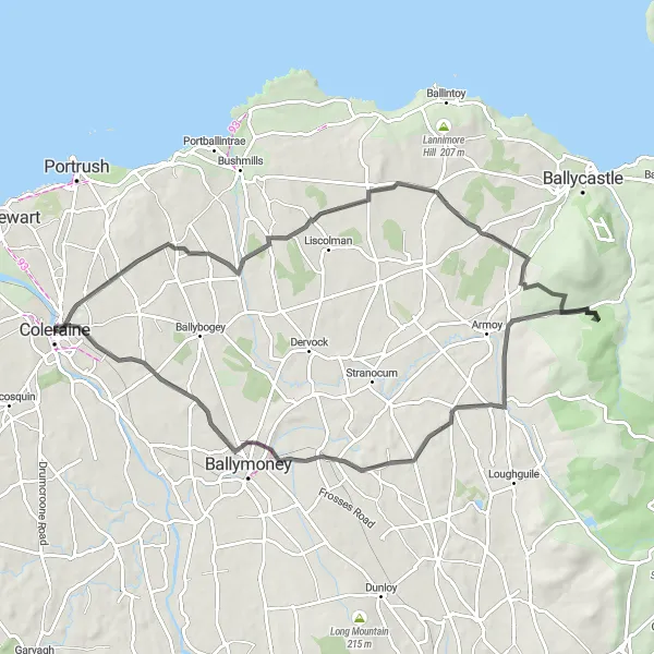 Map miniature of "Coastal Road Experience" cycling inspiration in Northern Ireland, United Kingdom. Generated by Tarmacs.app cycling route planner