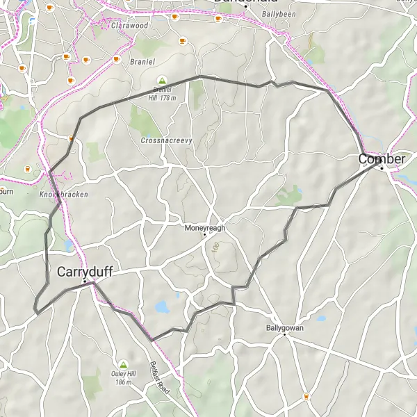 Map miniature of "Comber to Braniel Hill Loop" cycling inspiration in Northern Ireland, United Kingdom. Generated by Tarmacs.app cycling route planner