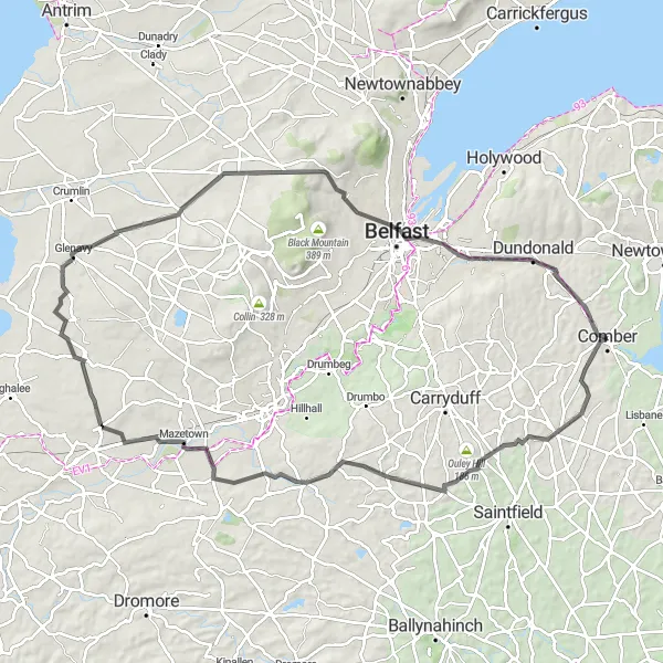Map miniature of "Comber to Ballybeen Circuit" cycling inspiration in Northern Ireland, United Kingdom. Generated by Tarmacs.app cycling route planner