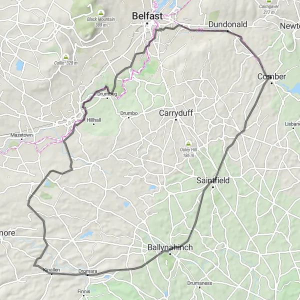 Map miniature of "Hillsborough Loop" cycling inspiration in Northern Ireland, United Kingdom. Generated by Tarmacs.app cycling route planner