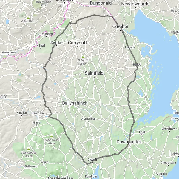 Map miniature of "Comber to Clough Castle Loop" cycling inspiration in Northern Ireland, United Kingdom. Generated by Tarmacs.app cycling route planner