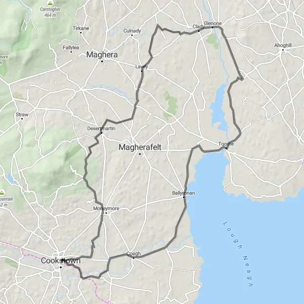 Map miniature of "Moneymore and Desertmartin Loop" cycling inspiration in Northern Ireland, United Kingdom. Generated by Tarmacs.app cycling route planner
