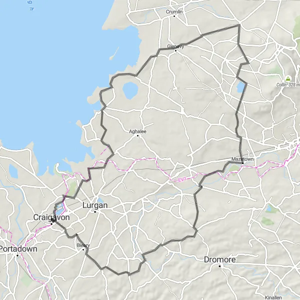 Map miniature of "The Craigavon to Glenavy Scenic Route" cycling inspiration in Northern Ireland, United Kingdom. Generated by Tarmacs.app cycling route planner