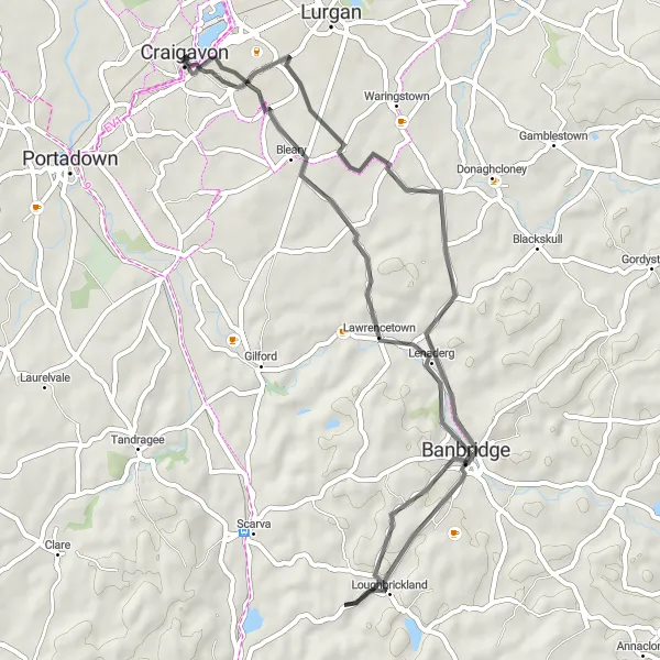 Map miniature of "The Loughbrickland Loop" cycling inspiration in Northern Ireland, United Kingdom. Generated by Tarmacs.app cycling route planner