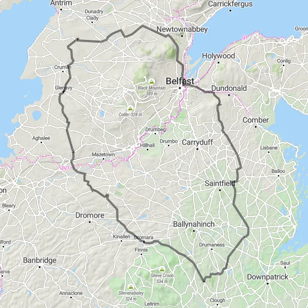Map miniature of "Crossgar - Belfast Loop" cycling inspiration in Northern Ireland, United Kingdom. Generated by Tarmacs.app cycling route planner