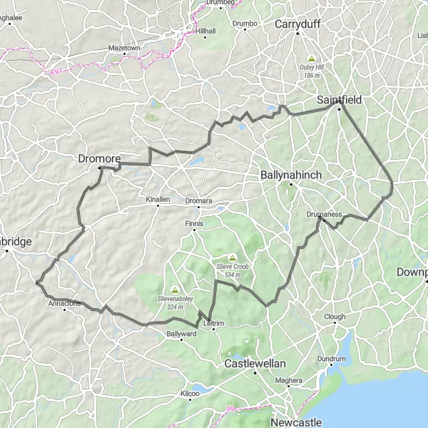 Map miniature of "Drumaness - Crossgar - Drumaroad Loop" cycling inspiration in Northern Ireland, United Kingdom. Generated by Tarmacs.app cycling route planner