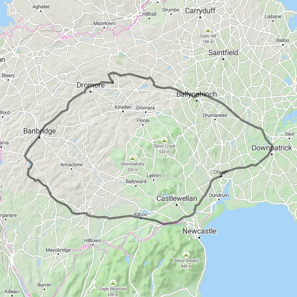 Map miniature of "The Mourne Mountains Escape" cycling inspiration in Northern Ireland, United Kingdom. Generated by Tarmacs.app cycling route planner