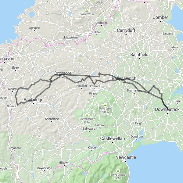 Map miniature of "Downpatrick to Banbridge Circuit" cycling inspiration in Northern Ireland, United Kingdom. Generated by Tarmacs.app cycling route planner