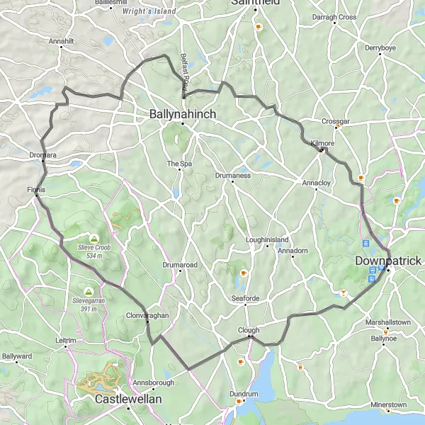 Map miniature of "Downpatrick to Ballynahinch Loop" cycling inspiration in Northern Ireland, United Kingdom. Generated by Tarmacs.app cycling route planner