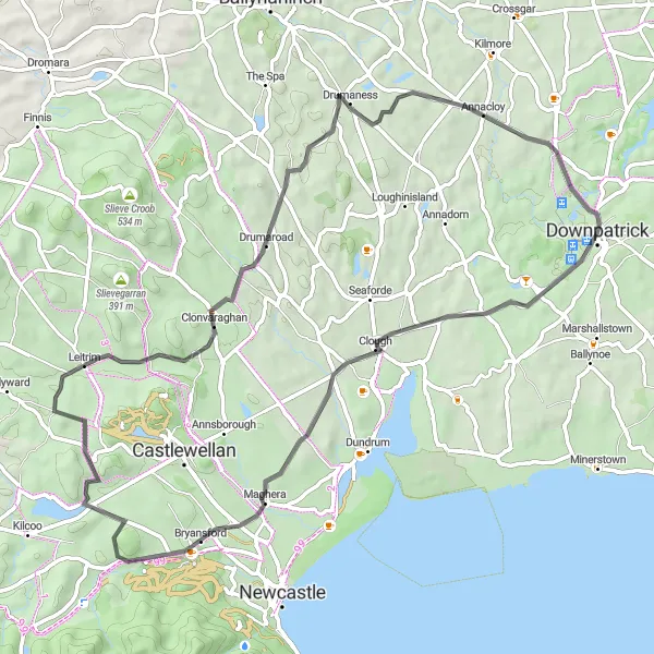 Map miniature of "The Downpatrick Loop" cycling inspiration in Northern Ireland, United Kingdom. Generated by Tarmacs.app cycling route planner