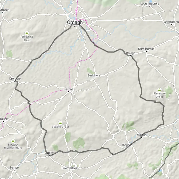 Map miniature of "Dromore to Omagh and Augher" cycling inspiration in Northern Ireland, United Kingdom. Generated by Tarmacs.app cycling route planner