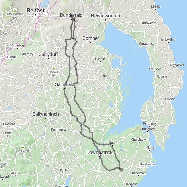 Map miniature of "Saintfield and Annacloy Loop" cycling inspiration in Northern Ireland, United Kingdom. Generated by Tarmacs.app cycling route planner