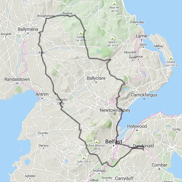 Map miniature of "Balmoral and Dunadry Loop" cycling inspiration in Northern Ireland, United Kingdom. Generated by Tarmacs.app cycling route planner