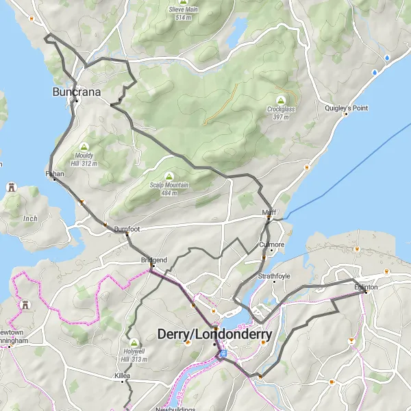 Map miniature of "Historic Derry Ride" cycling inspiration in Northern Ireland, United Kingdom. Generated by Tarmacs.app cycling route planner