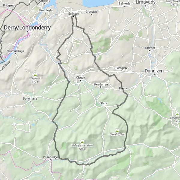 Map miniature of "The Feeny Challenge" cycling inspiration in Northern Ireland, United Kingdom. Generated by Tarmacs.app cycling route planner