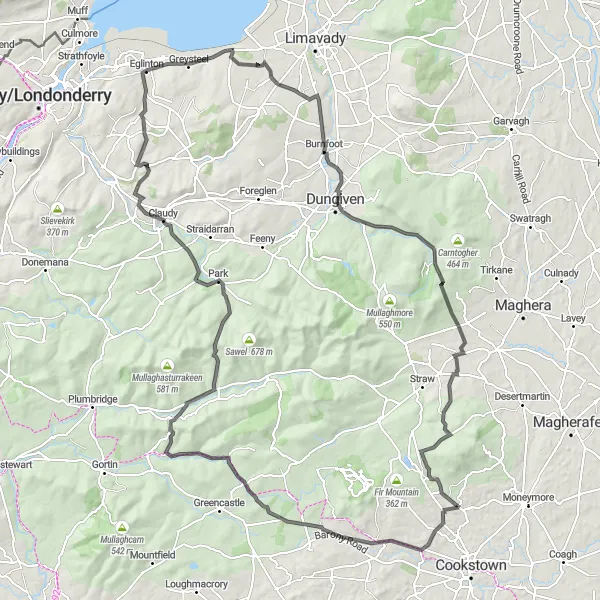 Map miniature of "The Sperrins Exploration" cycling inspiration in Northern Ireland, United Kingdom. Generated by Tarmacs.app cycling route planner