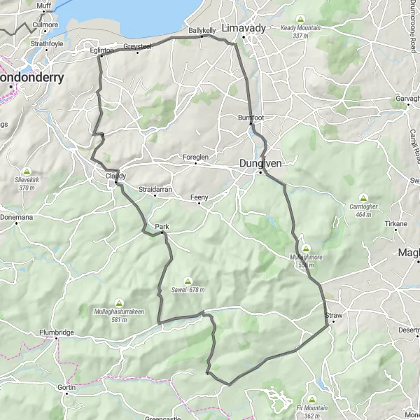 Map miniature of "Sperrin Sensation" cycling inspiration in Northern Ireland, United Kingdom. Generated by Tarmacs.app cycling route planner