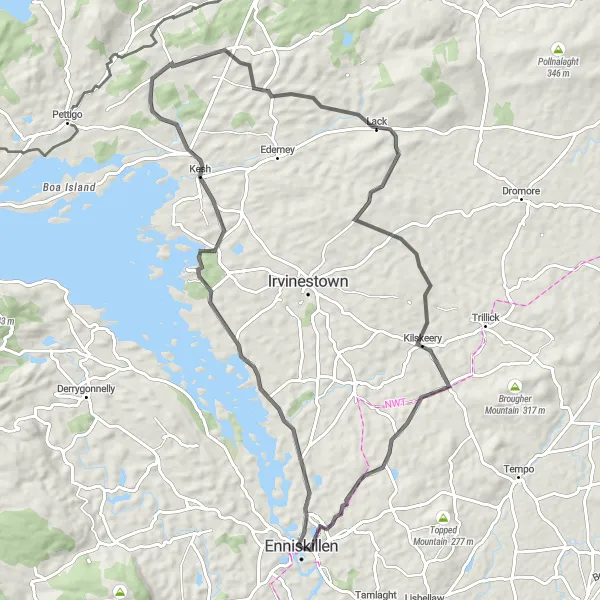 Map miniature of "Enniskillen to Kesh" cycling inspiration in Northern Ireland, United Kingdom. Generated by Tarmacs.app cycling route planner