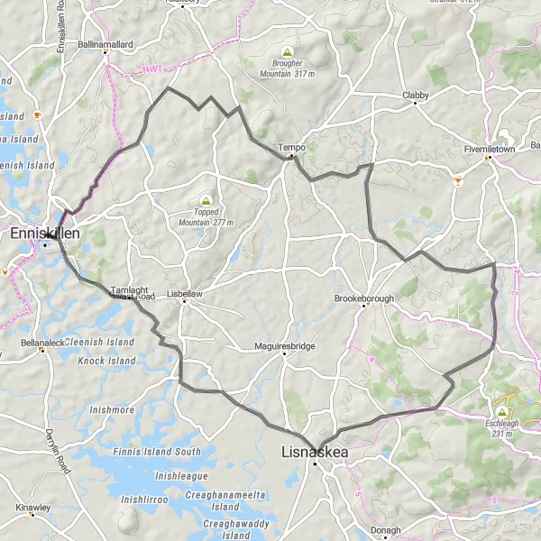 Map miniature of "Lisnaskea Loop" cycling inspiration in Northern Ireland, United Kingdom. Generated by Tarmacs.app cycling route planner