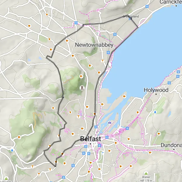 Map miniature of "Greenisland to Whiteabbey Loop" cycling inspiration in Northern Ireland, United Kingdom. Generated by Tarmacs.app cycling route planner