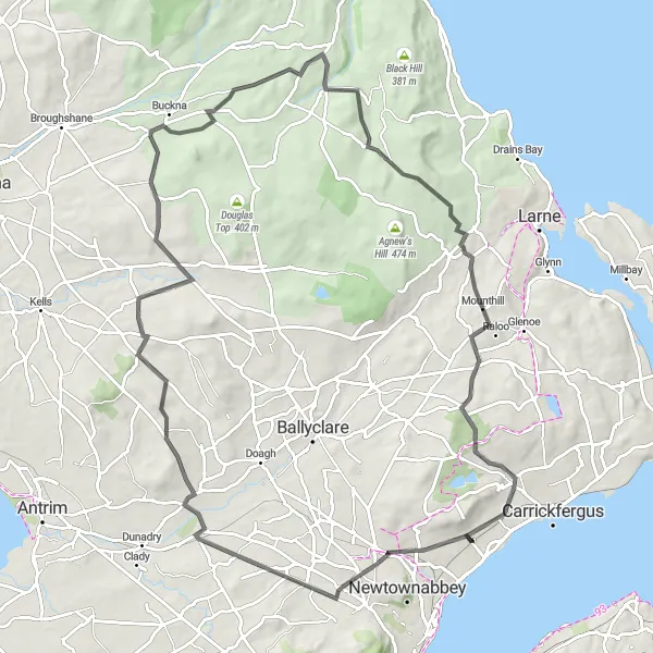 Map miniature of "Greenisland to Aughafatten Loop" cycling inspiration in Northern Ireland, United Kingdom. Generated by Tarmacs.app cycling route planner