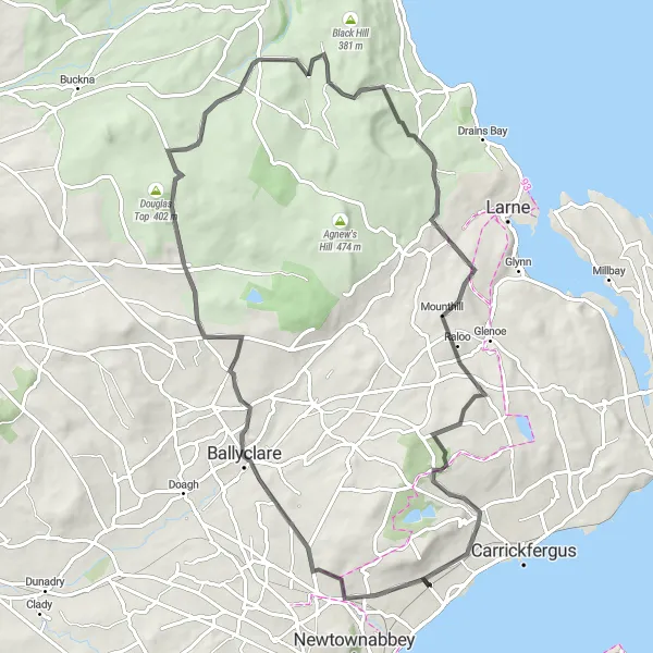 Map miniature of "Ballyrobert Adventure" cycling inspiration in Northern Ireland, United Kingdom. Generated by Tarmacs.app cycling route planner