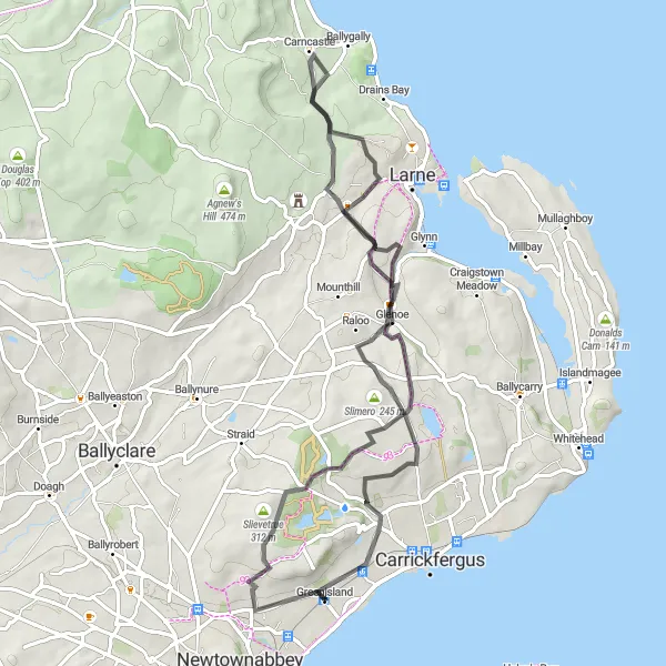 Map miniature of "Greenisland to Glenoe Loop" cycling inspiration in Northern Ireland, United Kingdom. Generated by Tarmacs.app cycling route planner
