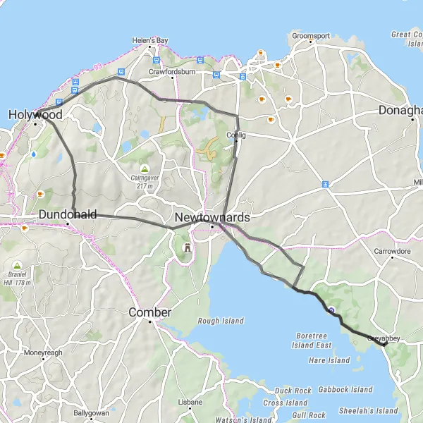 Map miniature of "Scenic Road Loop via Conlig, Newtownards, and Dundonald" cycling inspiration in Northern Ireland, United Kingdom. Generated by Tarmacs.app cycling route planner