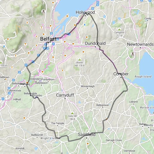 Map miniature of "Holywood to Comber Circular Route" cycling inspiration in Northern Ireland, United Kingdom. Generated by Tarmacs.app cycling route planner