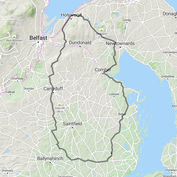 Map miniature of "Holywood to Scrabo Tower Loop" cycling inspiration in Northern Ireland, United Kingdom. Generated by Tarmacs.app cycling route planner