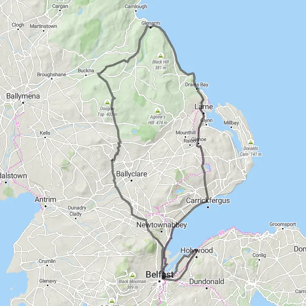 Map miniature of "Challenge Ride via Glengormley, Carrickfergus, and Glenoe" cycling inspiration in Northern Ireland, United Kingdom. Generated by Tarmacs.app cycling route planner