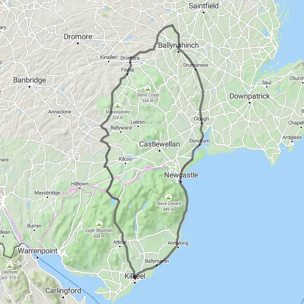 Map miniature of "Majestic Mournes and Coastal Delights" cycling inspiration in Northern Ireland, United Kingdom. Generated by Tarmacs.app cycling route planner