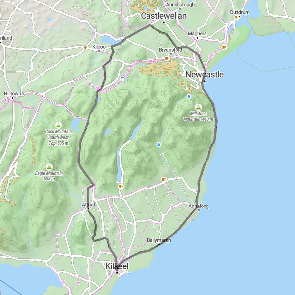 Map miniature of "Scenic Ride through the Mourne Mountains" cycling inspiration in Northern Ireland, United Kingdom. Generated by Tarmacs.app cycling route planner